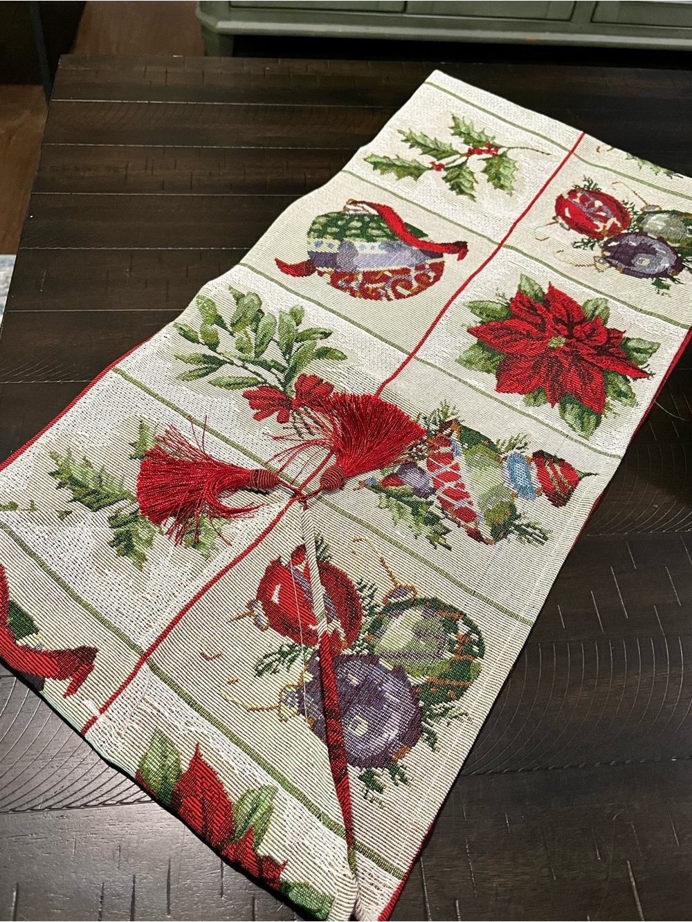 Holiday Poinsettia and Ornament Table Runner - Red and Green Christmas dining